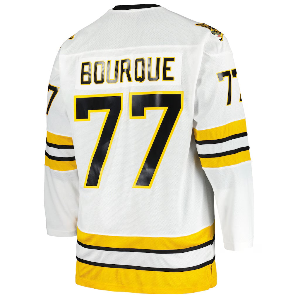 Boston Bruins #77 Ray Bourque Mitchell & Ness White Big & Tall Captain Patch Blue Line Player Jersey